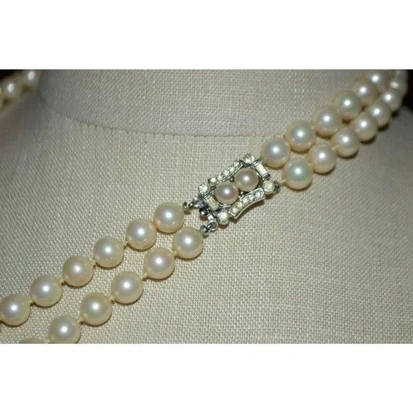 VENDOME Faux Glass Pearl Clear Rhinestone Wedding Dual Strand Necklace Vintage - Picture 4 of 5